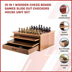 10 in 1 Wooden Chess Board Games Slide Out Checkers House Unit Set